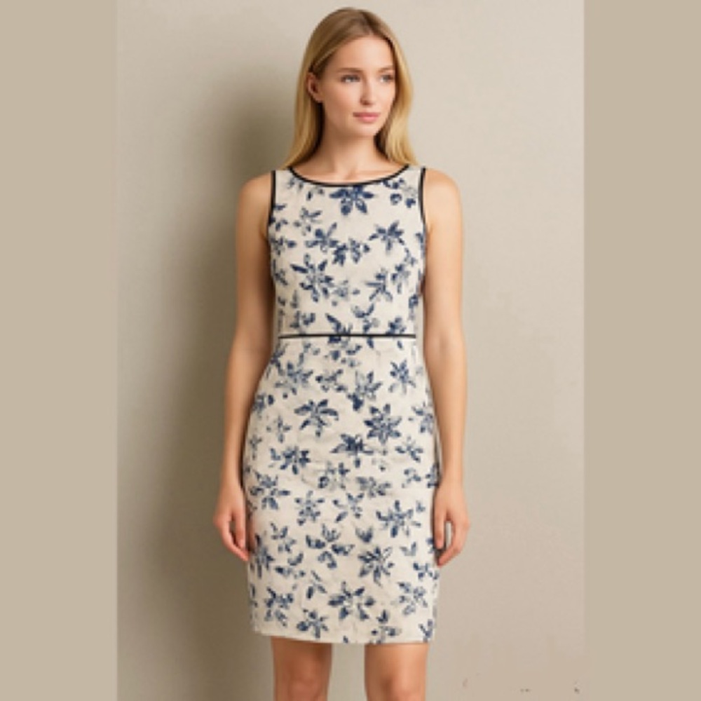 NWOT Sz 10. Ann Taylor Floral & Bird Print Sheath Dress. Beige, silver, navy - Picture 2 of 12